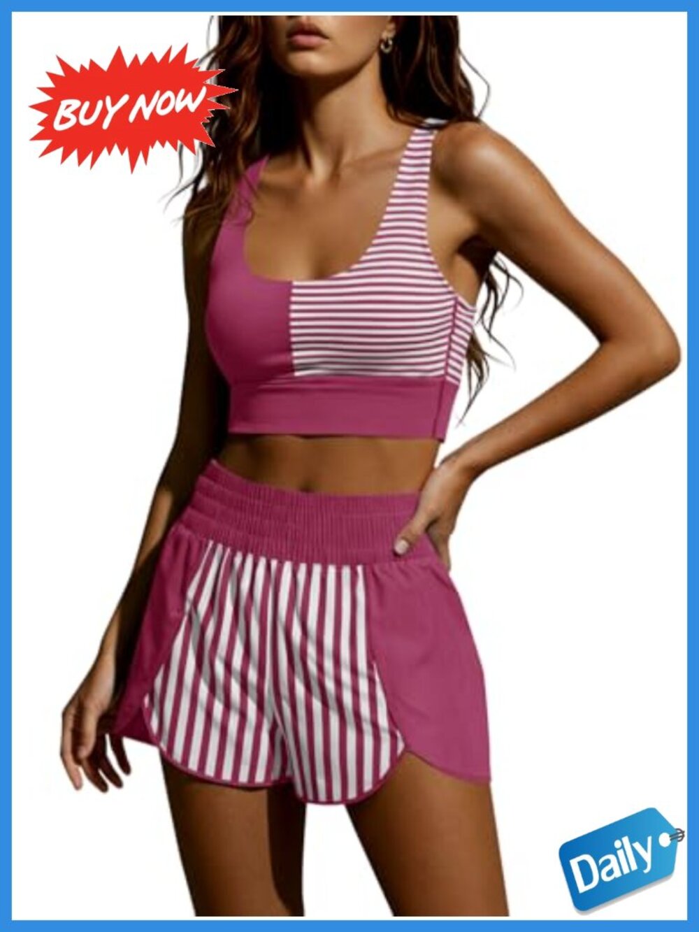 Fisoew Two Piece Workout Outfit Crop Tank Short Set Built-in Bra